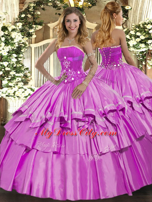 New Style Strapless Sleeveless Lace Up Quinceanera Gowns Lilac Organza and Taffeta