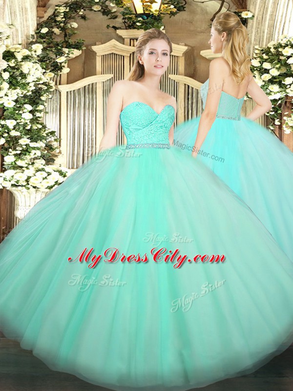 Tulle Sweetheart Sleeveless Zipper Beading and Lace Sweet 16 Dresses in Apple Green