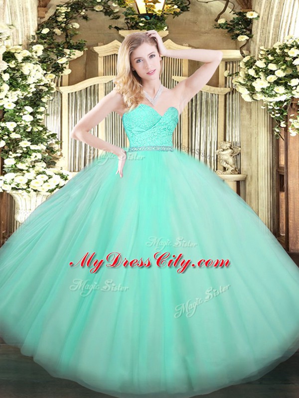 Tulle Sweetheart Sleeveless Zipper Beading and Lace Sweet 16 Dresses in Apple Green