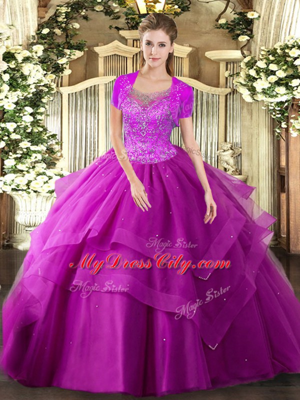 Scoop Sleeveless Vestidos de Quinceanera Floor Length Beading and Ruffles Fuchsia Tulle