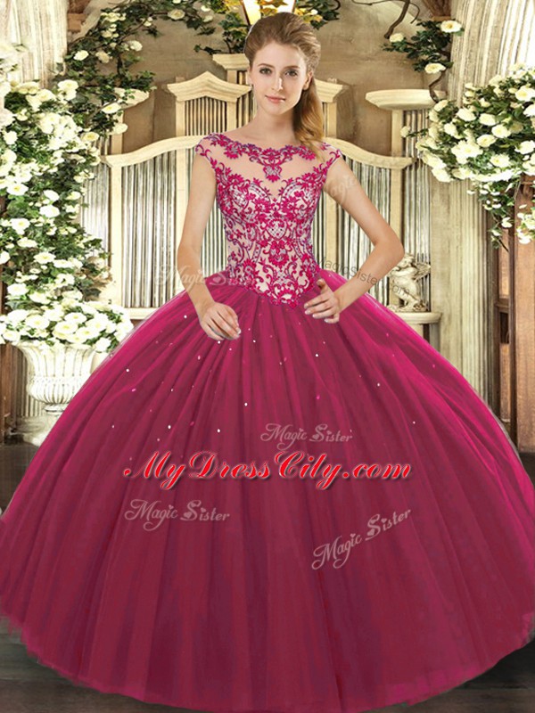 Scoop Cap Sleeves Ball Gown Prom Dress Floor Length Beading and Appliques Fuchsia Tulle