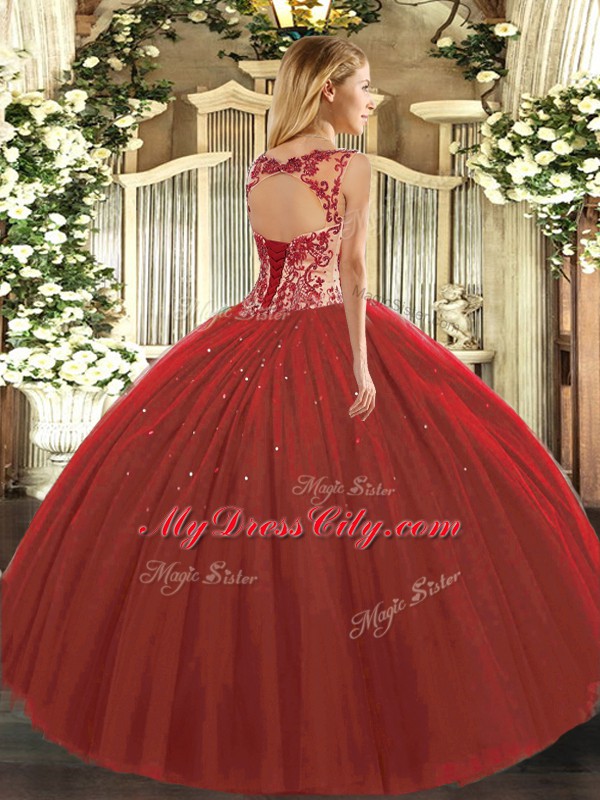 Scoop Cap Sleeves Ball Gown Prom Dress Floor Length Beading and Appliques Fuchsia Tulle