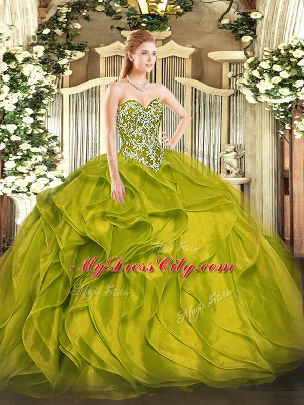 Perfect Olive Green Sleeveless Floor Length Beading and Ruffles Lace Up Vestidos de Quinceanera