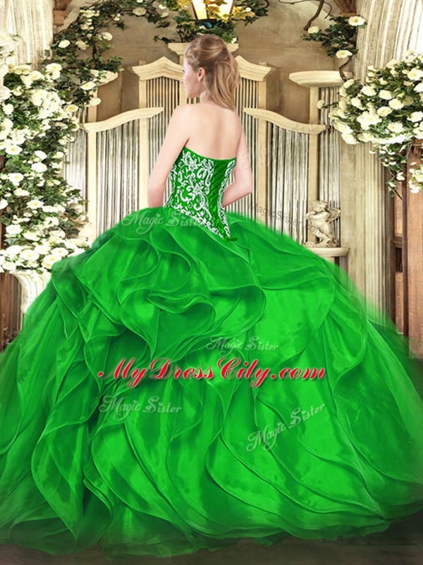 Perfect Olive Green Sleeveless Floor Length Beading and Ruffles Lace Up Vestidos de Quinceanera