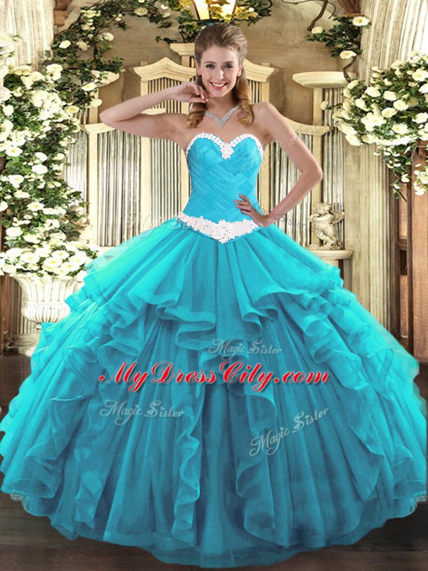 Aqua Blue Ball Gowns Sweetheart Sleeveless Organza Floor Length Lace Up Appliques and Ruffles Sweet 16 Dresses