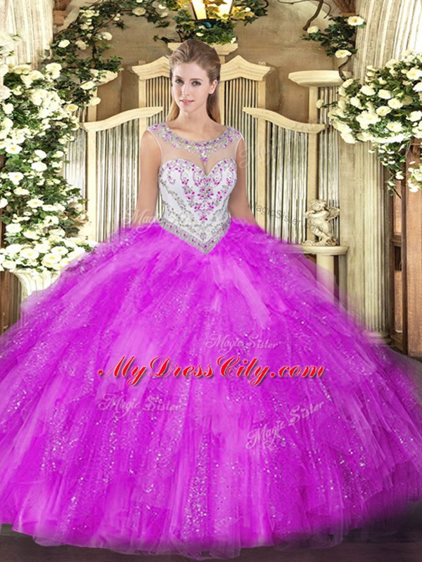 High Class Fuchsia Sleeveless Tulle Zipper Quinceanera Gown for Military Ball and Sweet 16 and Quinceanera