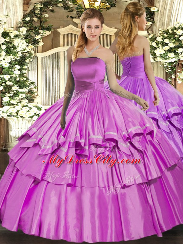 Exceptional Sleeveless Organza Floor Length Lace Up Vestidos de Quinceanera in Lilac with Ruffled Layers