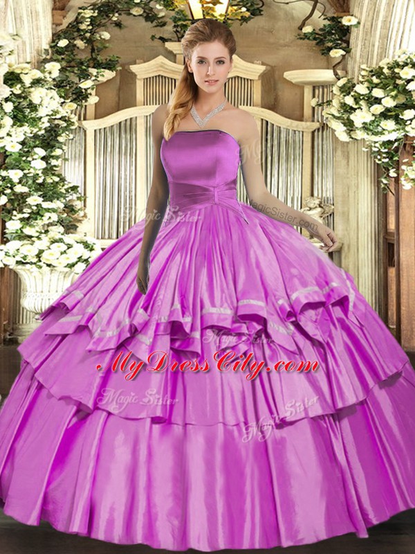 Exceptional Sleeveless Organza Floor Length Lace Up Vestidos de Quinceanera in Lilac with Ruffled Layers