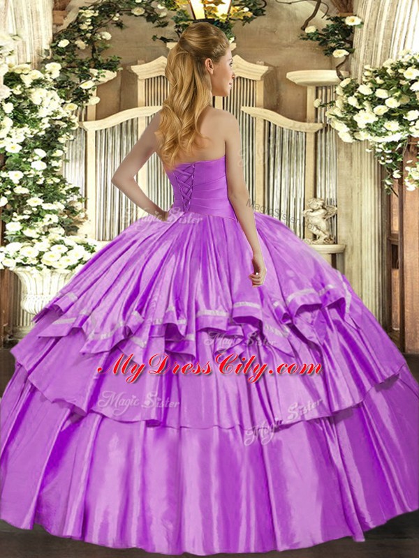 Exceptional Sleeveless Organza Floor Length Lace Up Vestidos de Quinceanera in Lilac with Ruffled Layers