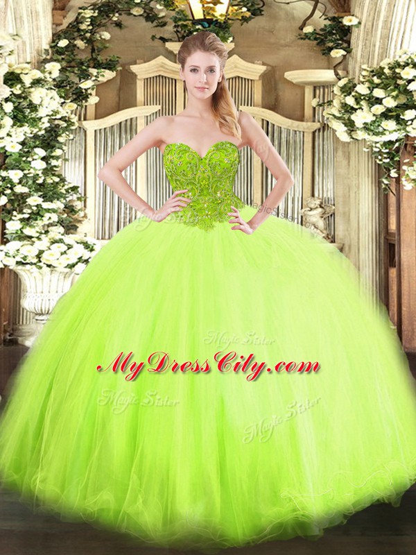 Eye-catching Sweetheart Sleeveless Organza and Tulle Ball Gown Prom Dress Beading Lace Up