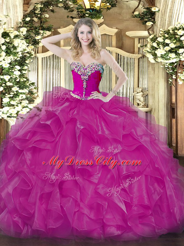 Fuchsia Ball Gowns Sweetheart Sleeveless Organza Floor Length Lace Up Beading and Ruffles Quinceanera Gowns