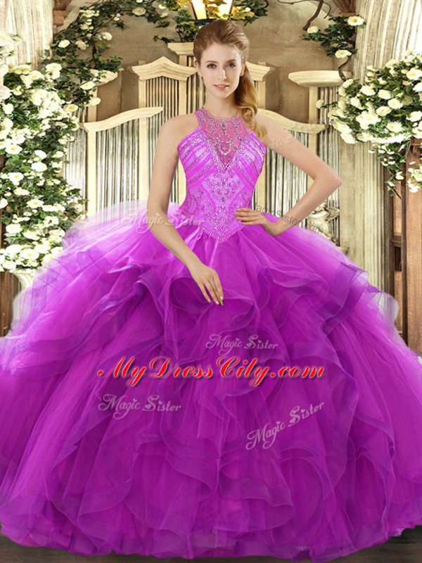 Floor Length Fuchsia Vestidos de Quinceanera Organza Sleeveless Beading and Ruffles