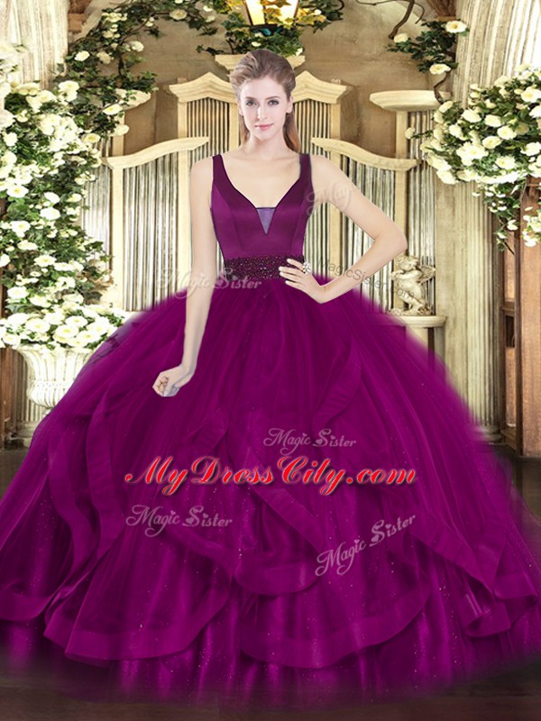 Fuchsia Tulle Zipper Sweet 16 Dress Sleeveless Floor Length Beading and Ruffles