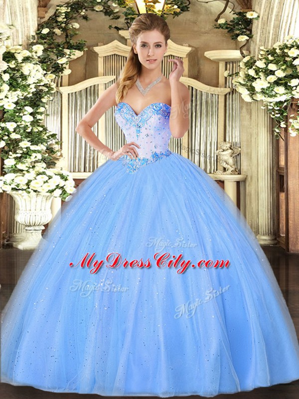 Flare Baby Blue Ball Gowns Beading 15 Quinceanera Dress Lace Up Tulle Sleeveless Floor Length