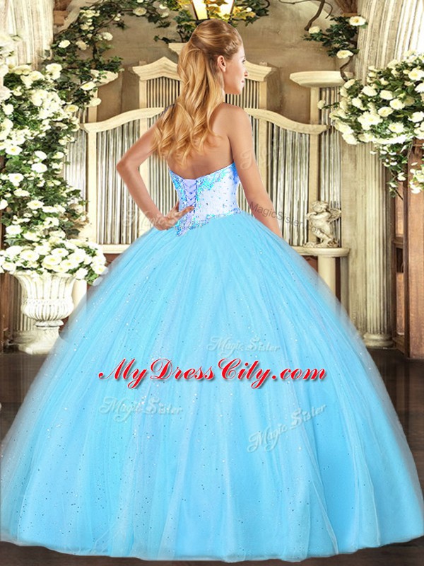 Flare Baby Blue Ball Gowns Beading 15 Quinceanera Dress Lace Up Tulle Sleeveless Floor Length