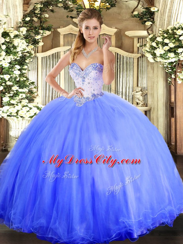 Customized Blue Sweetheart Lace Up Beading Sweet 16 Quinceanera Dress Sleeveless