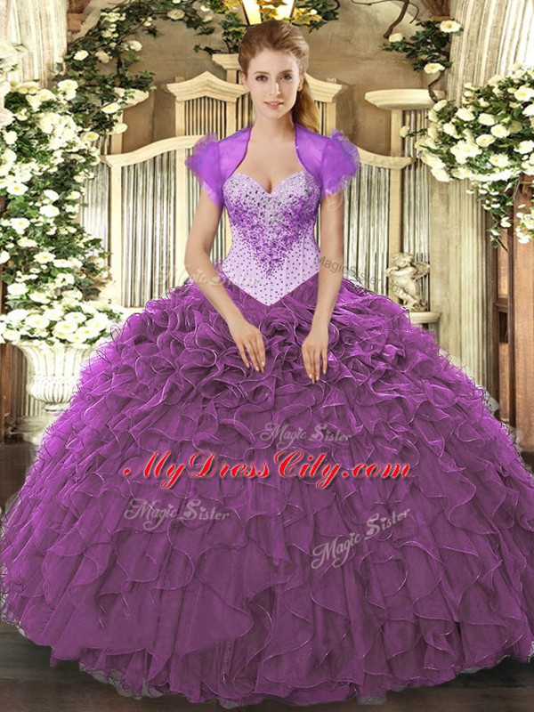 Sweetheart Sleeveless Organza Vestidos de Quinceanera Beading and Ruffles Lace Up