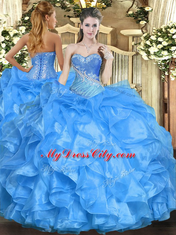 Beading and Ruffles Sweet 16 Quinceanera Dress Baby Blue Lace Up Sleeveless Floor Length