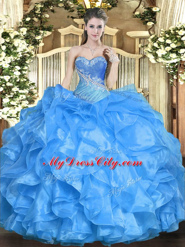 Beading and Ruffles Sweet 16 Quinceanera Dress Baby Blue Lace Up Sleeveless Floor Length