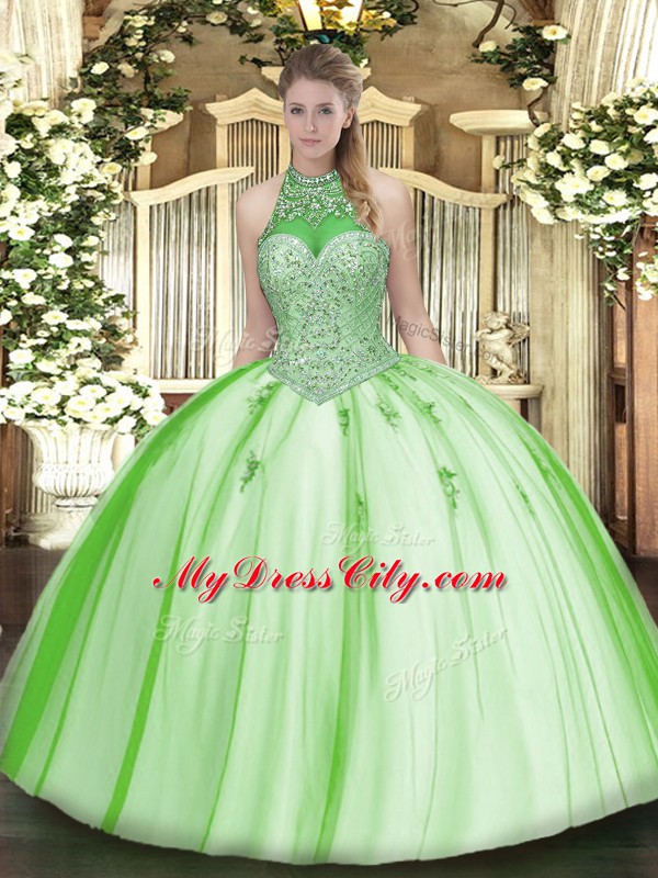 Ball Gowns Tulle Halter Top Sleeveless Beading and Appliques Floor Length Lace Up Sweet 16 Quinceanera Dress