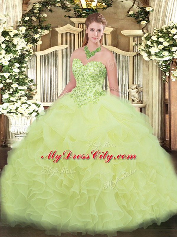 Yellow Green Sleeveless Appliques and Ruffles Floor Length 15 Quinceanera Dress