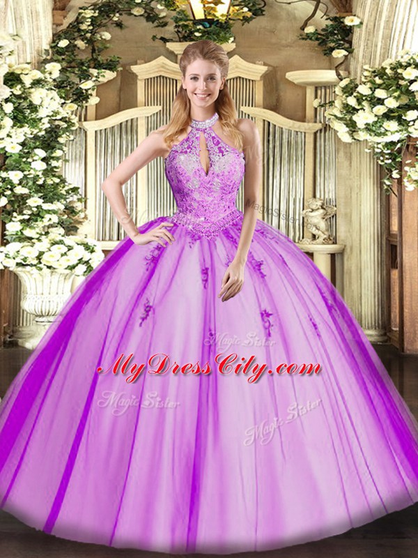 Sexy Floor Length Lace Up Sweet 16 Quinceanera Dress Fuchsia for Military Ball and Sweet 16 and Quinceanera with Lace and Appliques