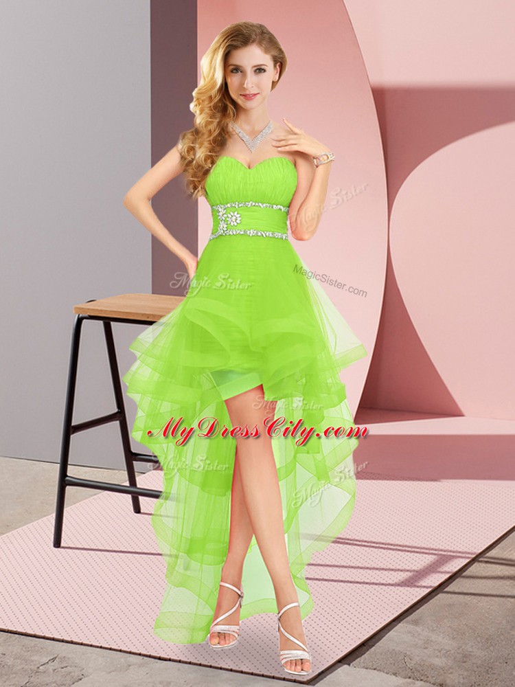 New Style Chiffon Lace Up Evening Dress Sleeveless High Low Beading