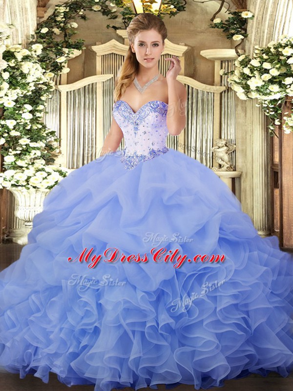 Custom Designed Organza Sweetheart Sleeveless Lace Up Beading and Ruffles and Pick Ups Ball Gown Prom Dress in Lavender