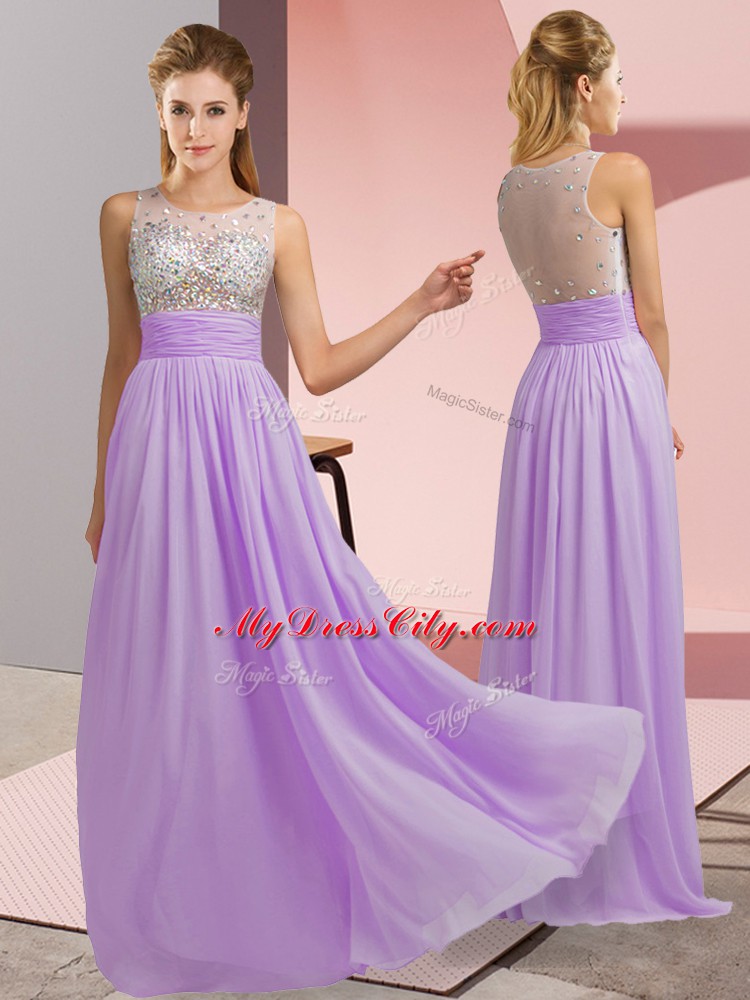 Lavender Chiffon Side Zipper Scoop Sleeveless Floor Length Dress for Prom Beading