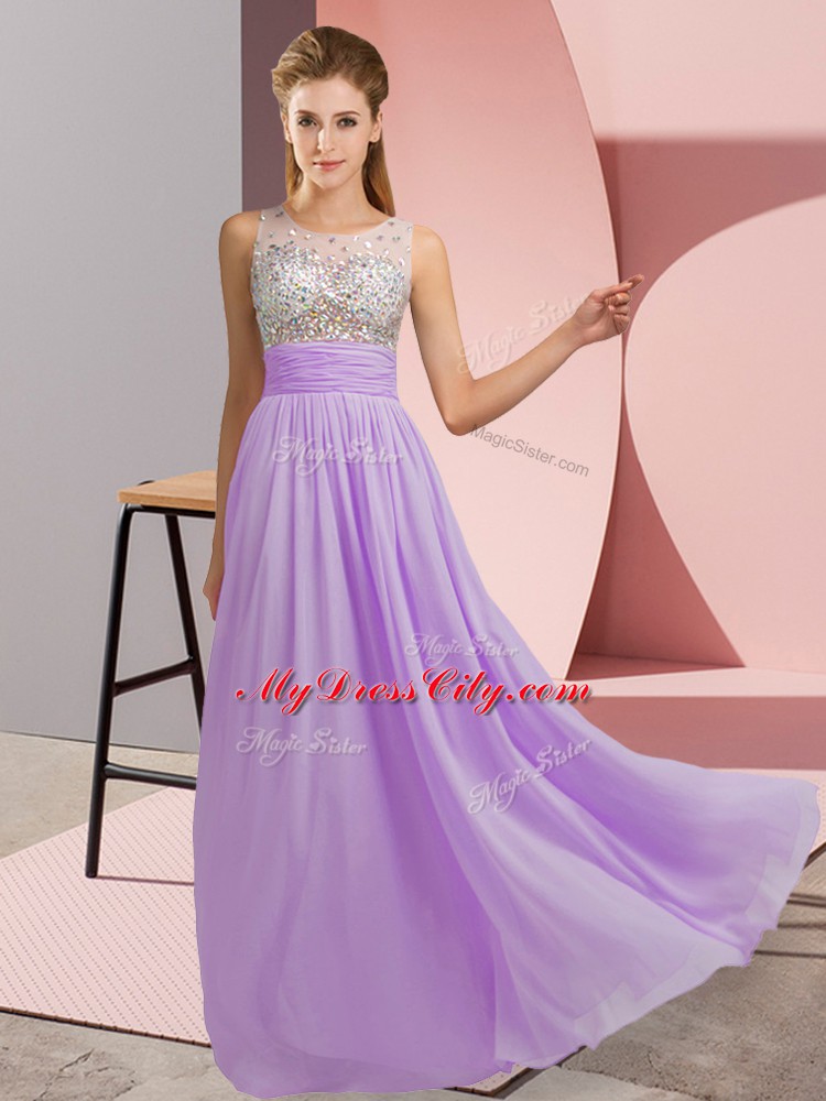 Lavender Chiffon Side Zipper Scoop Sleeveless Floor Length Dress for Prom Beading