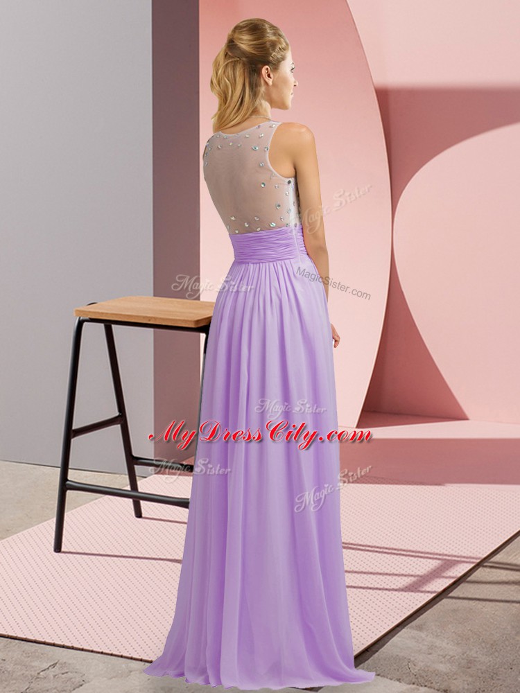 Lavender Chiffon Side Zipper Scoop Sleeveless Floor Length Dress for Prom Beading