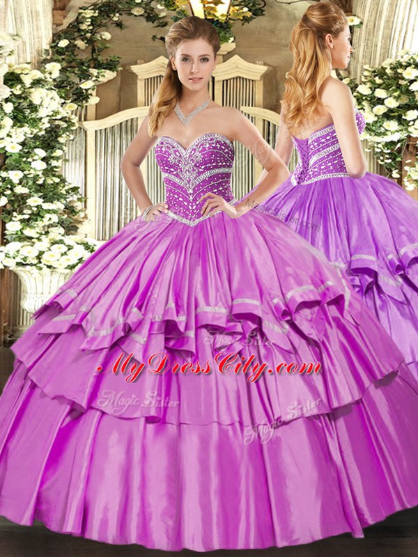 Shining Organza and Taffeta Sweetheart Sleeveless Lace Up Beading and Ruffled Layers Quinceanera Dresses in Lilac