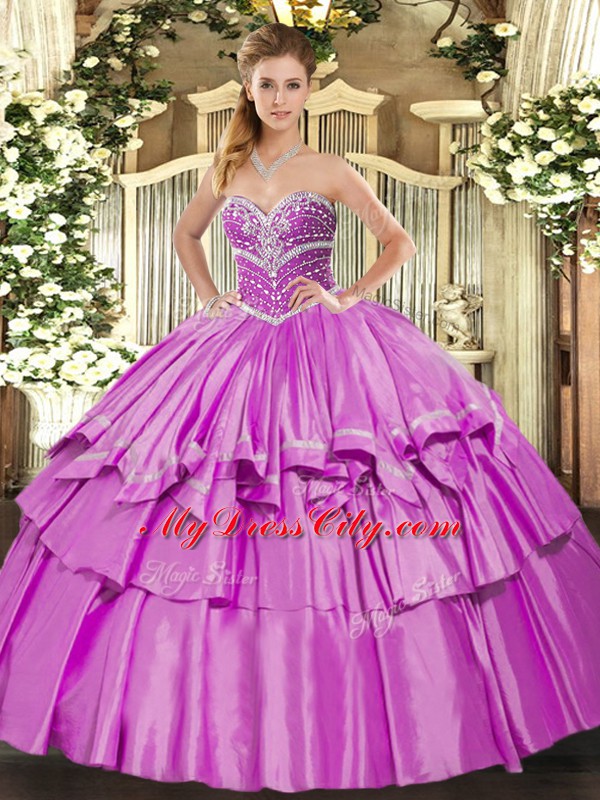 Shining Organza and Taffeta Sweetheart Sleeveless Lace Up Beading and Ruffled Layers Quinceanera Dresses in Lilac