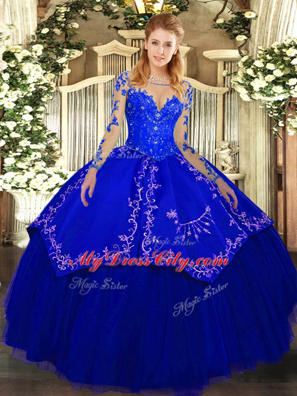 Long Sleeves Lace Up Floor Length Lace and Embroidery Quinceanera Gown