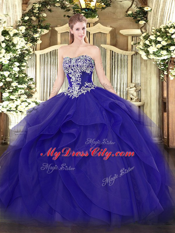 Dynamic Blue Lace Up Strapless Beading and Ruffles Sweet 16 Dress Tulle Sleeveless