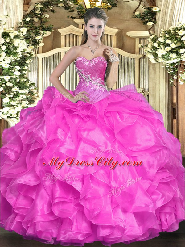 Inexpensive Floor Length Fuchsia 15 Quinceanera Dress Sweetheart Sleeveless Lace Up