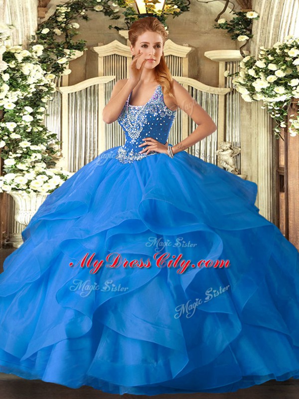 Baby Blue Lace Up Straps Beading and Ruffles Ball Gown Prom Dress Tulle Sleeveless