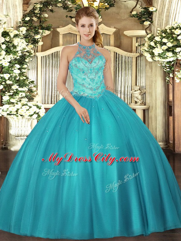 Custom Designed Teal Sleeveless Floor Length Beading Lace Up Sweet 16 Quinceanera Dress