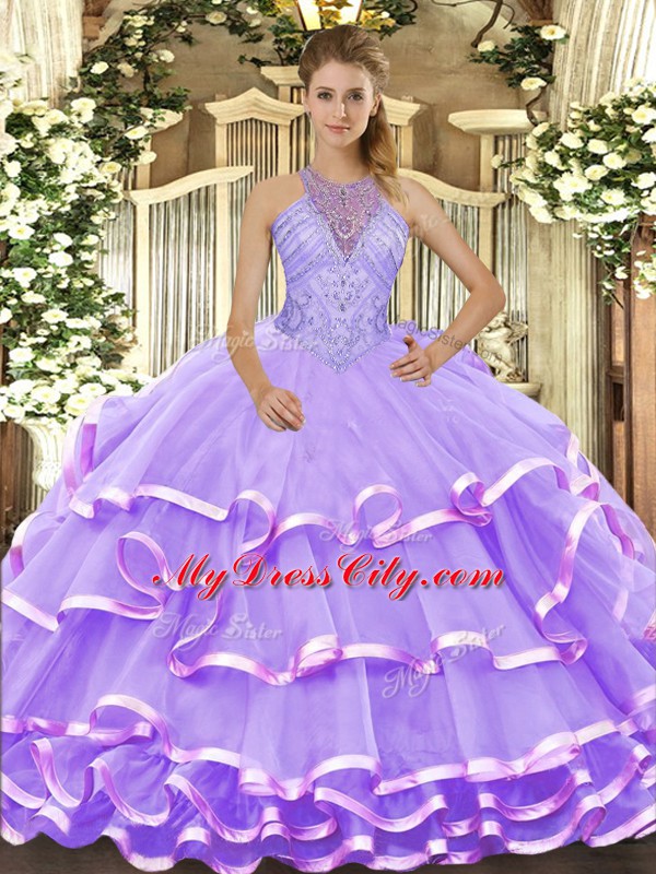 Halter Top Sleeveless Organza Quinceanera Dress Beading and Ruffled Layers Lace Up