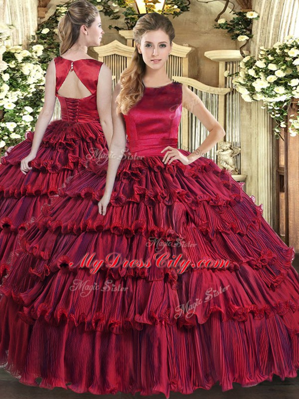 Wine Red Sleeveless Ruffled Layers Floor Length Quinceanera Gowns