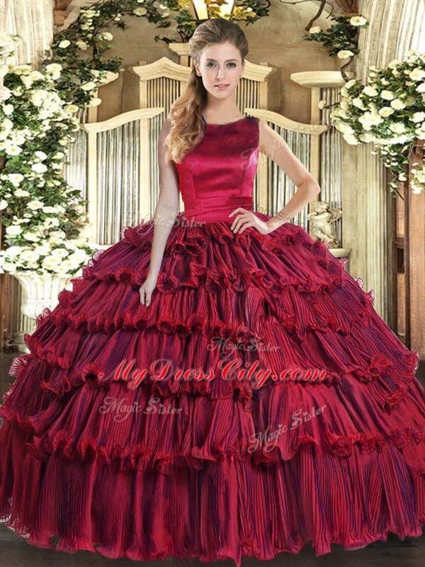 Wine Red Sleeveless Ruffled Layers Floor Length Quinceanera Gowns