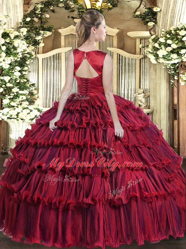 Wine Red Sleeveless Ruffled Layers Floor Length Quinceanera Gowns