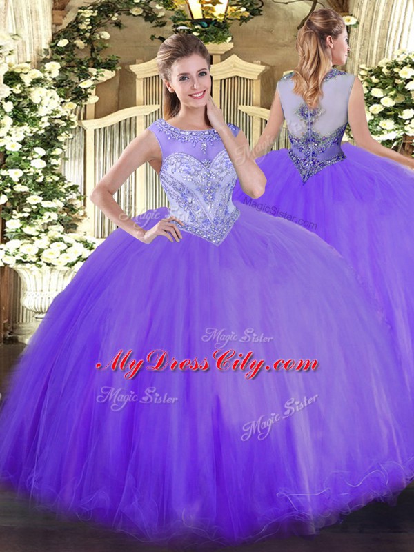 Pretty Lavender Zipper Scoop Beading Sweet 16 Dress Tulle Sleeveless