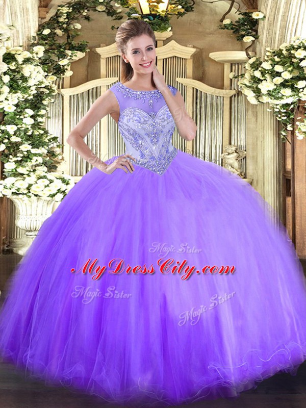 Pretty Lavender Zipper Scoop Beading Sweet 16 Dress Tulle Sleeveless