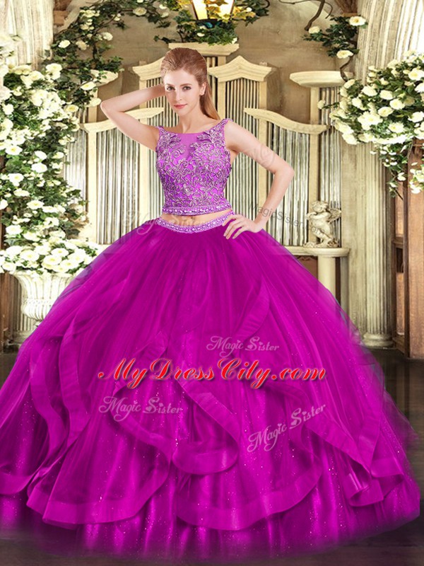 Fuchsia Two Pieces Beading and Ruffles Sweet 16 Dresses Zipper Organza Sleeveless Floor Length