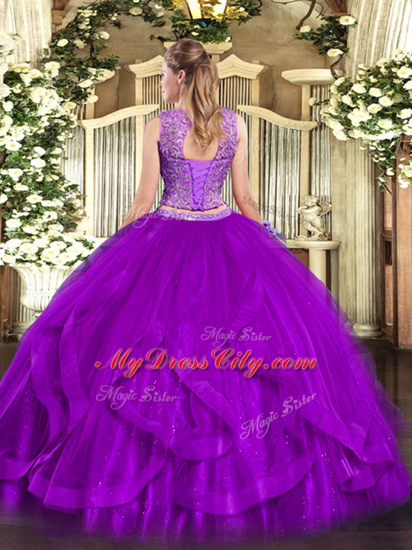 Fuchsia Two Pieces Beading and Ruffles Sweet 16 Dresses Zipper Organza Sleeveless Floor Length