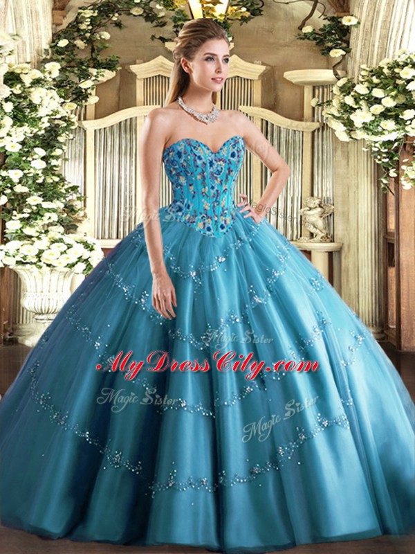 Hot Selling Teal Sleeveless Tulle Lace Up Quinceanera Gown for Military Ball and Sweet 16 and Quinceanera