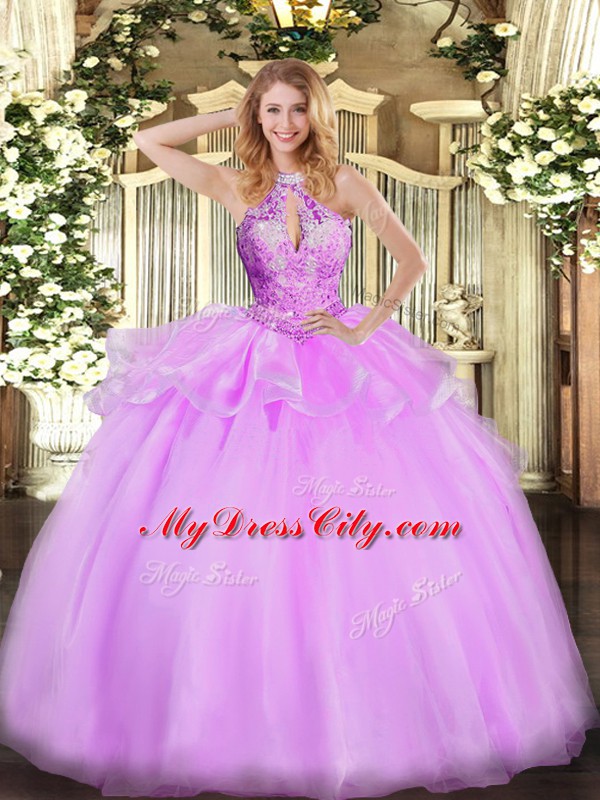 Luxurious Floor Length Lilac Sweet 16 Quinceanera Dress Halter Top Sleeveless Lace Up