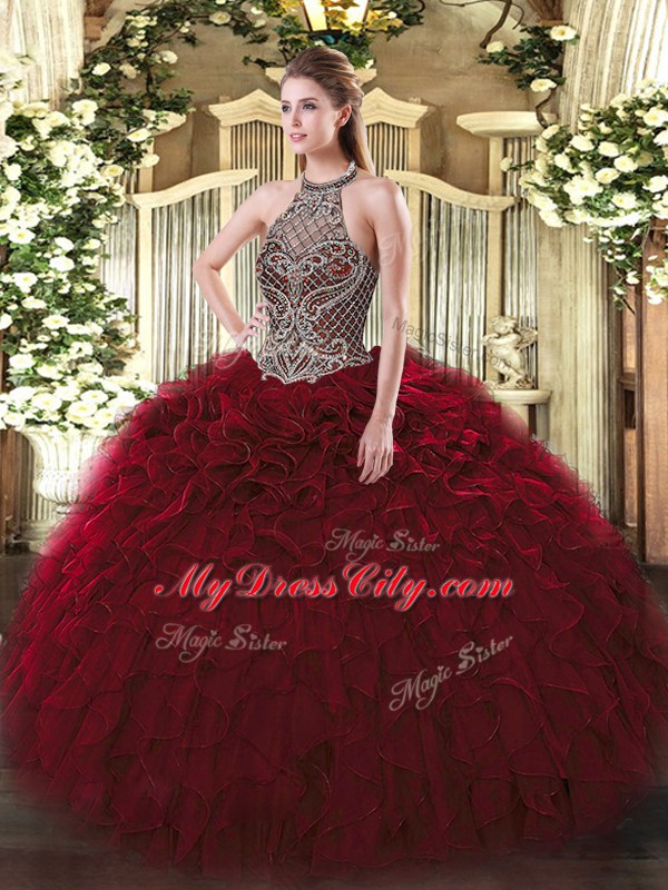 Floor Length Wine Red Quince Ball Gowns Halter Top Sleeveless Lace Up