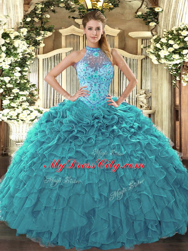 Fancy Halter Top Sleeveless Lace Up 15 Quinceanera Dress Teal Organza